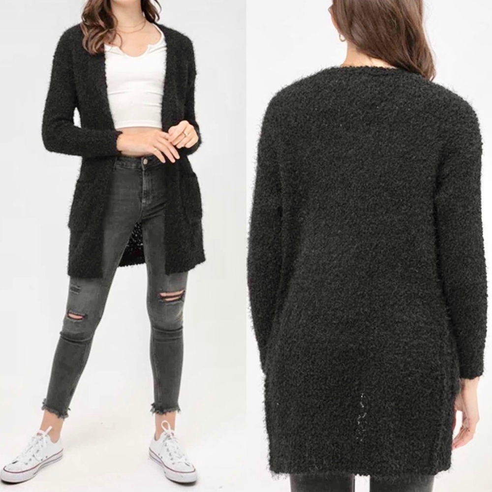 BOHO FUZZY KNIT LONG CARDIGAN WITH POCKETS IN BLACK